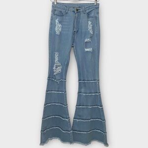 Blue High Waisted Distressed Striped Raw Hem Bell Bottom Jeans Size Small